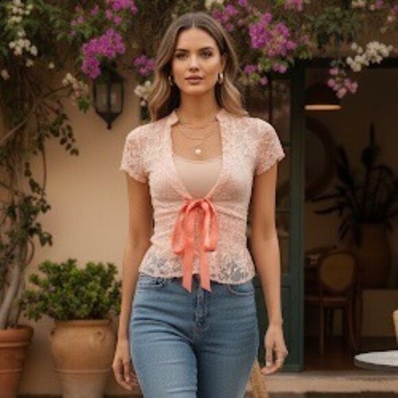 VTG Peach Sheer Lace Top | Coquette Boho Indie Sleaze Fairycore Balletcore Siren - Picture 11 of 13